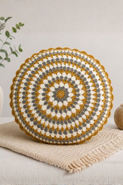 40 cm Diameter Hand Knitted Round Decorative Throw Pillow – Mustard Gray Knitted Filled Throw Pillow