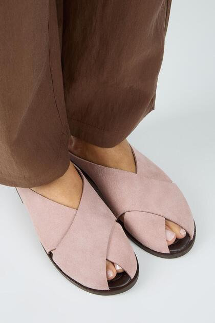 Jimena Women's Genuine Leather Flat Open-Front Detailed Sabo Powder Slippers