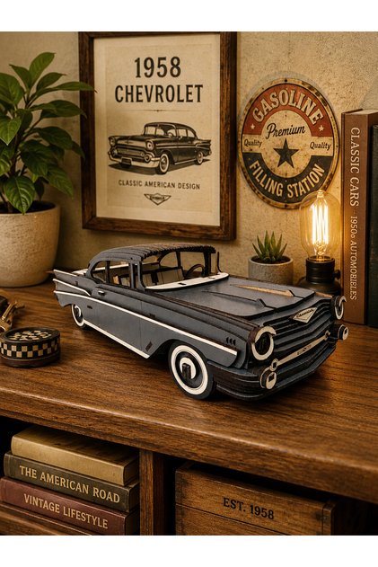 Ahşap Dekoratif Nostaljik -170 Parça 3d Puzzle - Gri Renk- Chevrolet Bel Air Araba Maketi