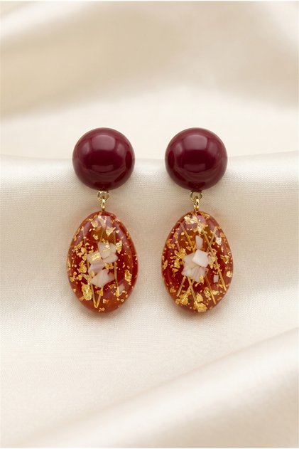 Burgundy Gold Leaf and Detailed Oval Resin Dangle Earrings