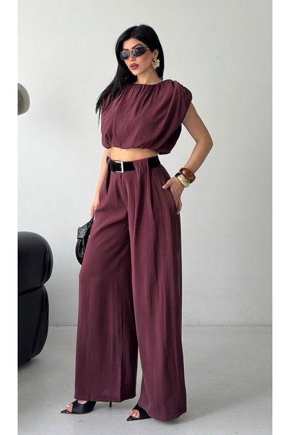 Women's Summer Belted Trousers and Crop Blouse Set Burgundy