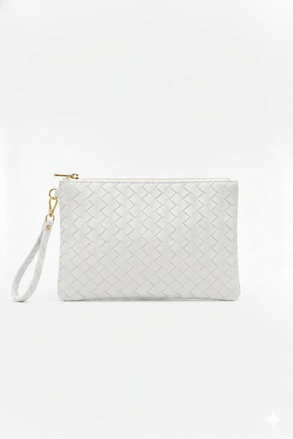 Beyaz Örgü Desenli El Askılı Portföy Clutch Çanta 25x19 Cm