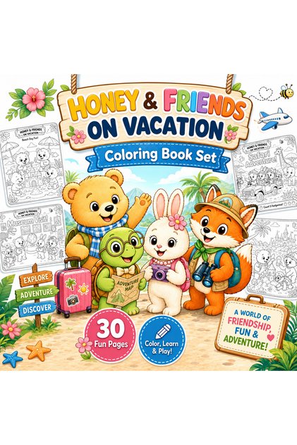 Papelia Honey & Friends on Vacation Coloring Book 15 Sheets Educational Holiday Themed Children's Activity Book