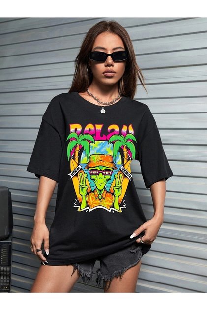 Women / Girls Black Oversize T-Shirt Paradise Printed