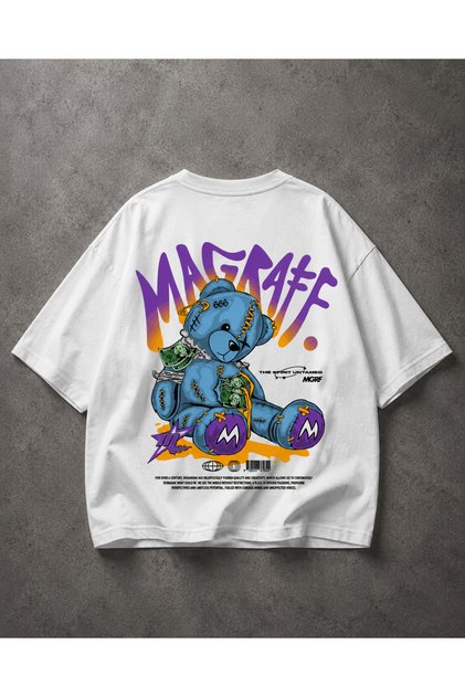 Mgrf Teddy Bear Printed White Oversize Men's T-Shirt – Large Back Print 100% Cotton Streetwear