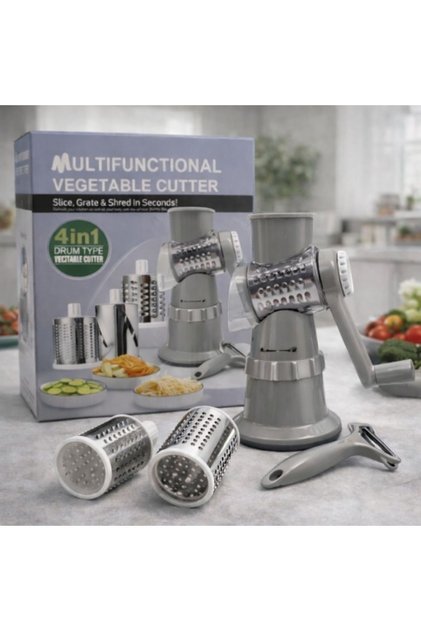 Răzătoare manuală multifuncțională 4 în 1 pentru legume și fructe cu tamburi din oțel inoxidabil, gri