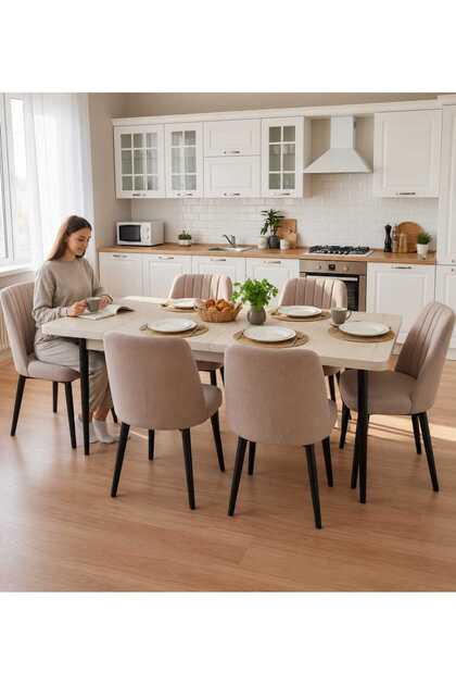 T-6032 TRAVERTEN AÇILIR 80X130 KARE GOLD CAPPUCİNO 6 KİŞİLİK YEMEK MASASI TAKIMI