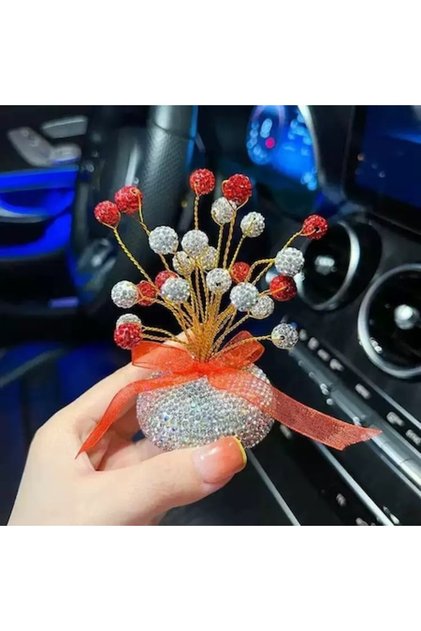 Decor auto cu cristale, buchet norocos, suport pentru bord, cu adeziv, roșu și argintiu, 0323
