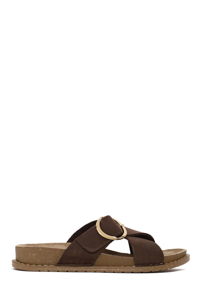 Women's Brown Buckle Suede Leather Slippers 26Sfd5022V3