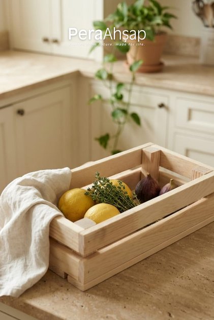 Pera Wooden Crate No.02 – Çam Ahşap Sepet Çok Amaçlı Mutfak ve Tezgah Üstü Sunum Kutusu Organizer