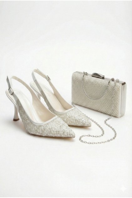 Stone and Pearl Embellished Open-Back Heeled Evening Dress Color Shoes and Bag Set