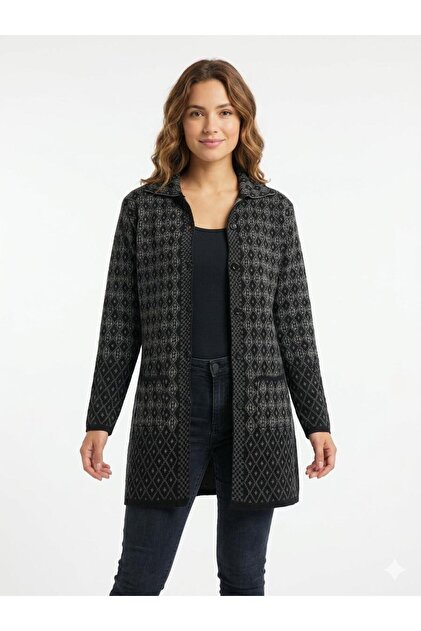 Women's Black and White Diamond Patterned Buttoned Long Knitwear Cardigan, Compatible with Sizes 38-44