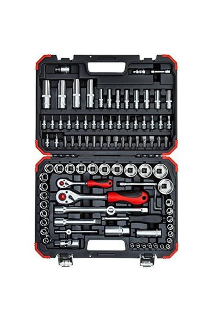 Set de chei tubulare roșii 1/4 " + 1/2 ", 94 piese (roșu / negru, cu clicheturi reversibile, SW 4mm)