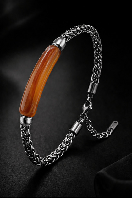 Men's Steel Bracelet with Natural Brown Agate Stone and Braided Chain