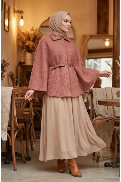 Boucle-Stoffgürtel-Winterponcho 2233-03 Dusty Rose