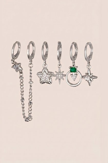 Silver Color Steel Green Stone Chain Star Dangle Earrings Set of 6
