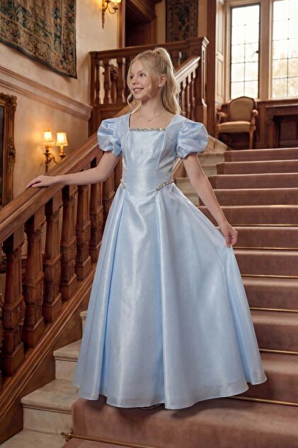blue sparkly dress girl stairs Elegant Baby Girls Dark Sequin Bow Princess Toddler Prom Dress 7Y Uniquely Rachel Allan 10273 Beaded Formal