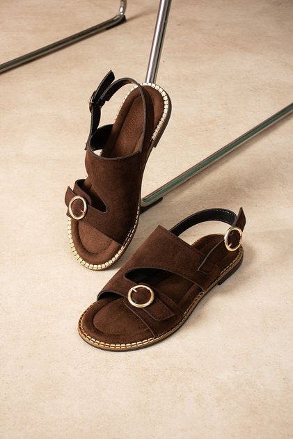 Buckle Detailed Foil Gold Embroidered Suede Summer Sandals | Casual Sandals | Women's Sandals
