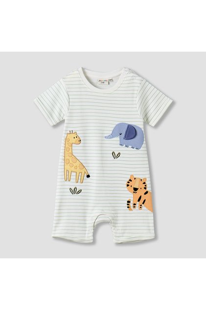 Short Sleeves Romper with Striped Animal Applique