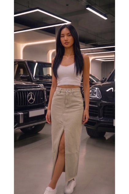 Long Denim Skirt with Slim Slit Detail