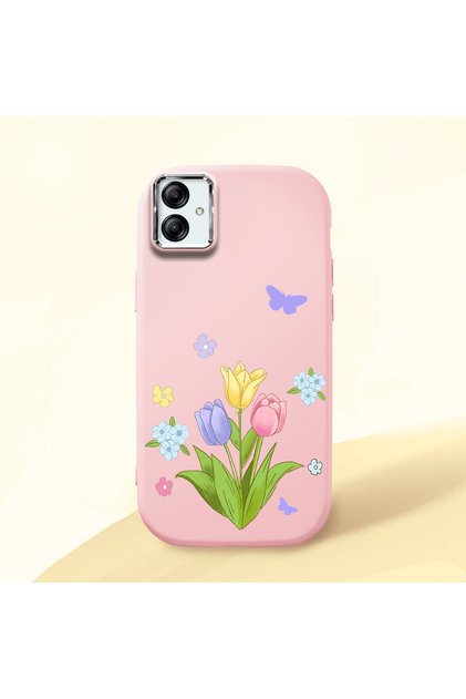 Samsung Galaxy A03 Compatible Case Camera Protective Pink Silicone Couple Phone Case with Floral Pattern