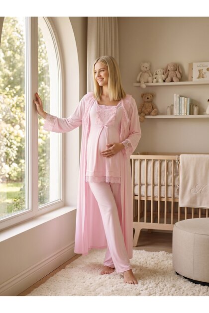 ladies pyjamas and dressing gown set Lohussa New Season Pink Long Dressing Gown with Lace Detail Special Design  Short Sleeve 100% Cotton Maternity Dressing Gown Pajama Set- Trendyol