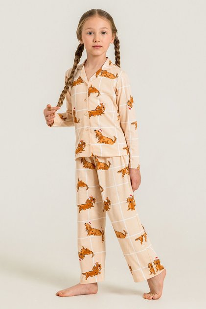 Girl's Cute Puppy Cream Shirt Pajama Set Rp3908-C-V1