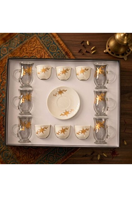 Royal Tea and Coffee Cup Set 18Pcs White and Clear with Gold Accents.