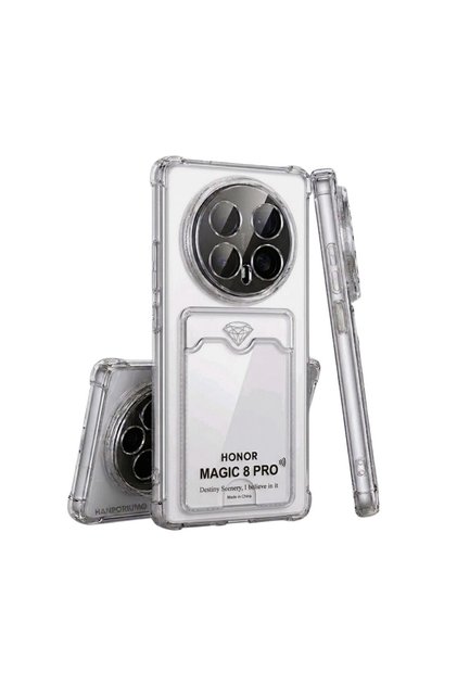 Honor Magic 8 Pro Compatible Card Holder Case with Corner Protection, Flexible Silicone Cover with Wallet - Transparent