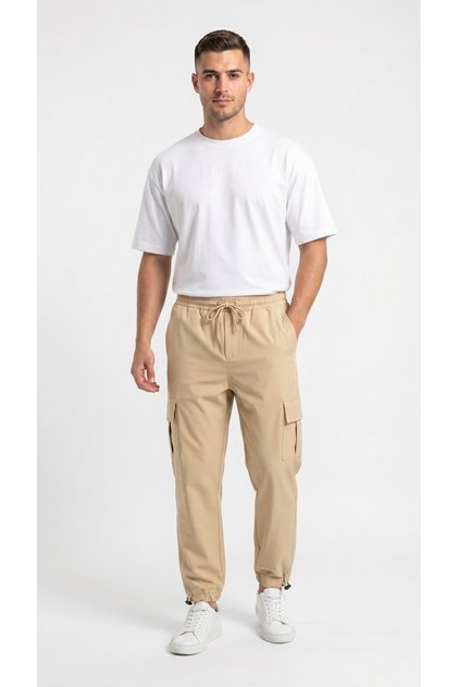 Men's Beige Commando Pocket Parachute Fabric Baggy Trousers with Adjustable Cuffs and Clips