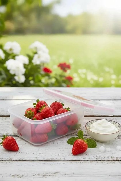 Lisanslı Çilek Serisi Tokalı Yemek Kabı 1000 Ml – 4 Taraflı 18 Cm