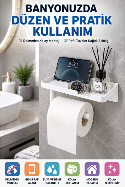 White Adhesive Shelf Toilet Paper Hanger, No Drilling Mounting, Bathroom Organizer, Phone Shelf Hanger