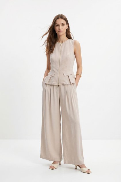 Stone Zero Sleeve Zippered Vest Wide Leg Pants Set 0364