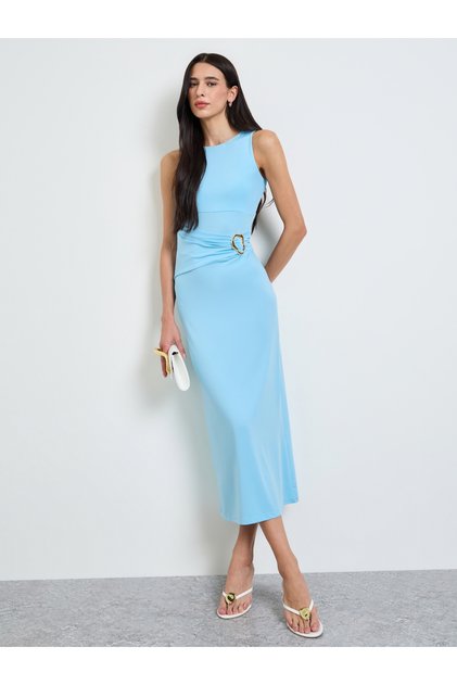 Blue Sleeveless Sheath Midi Dress