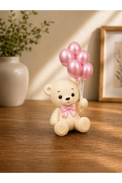 Ayıcıklı Pembe Balonlu Pasta Süsü – Balonlu Dekoratif Pasta Topperi – Doğum Günü, Baby Shower, Hoş Geldin Bebek Süsü 5-6 cm