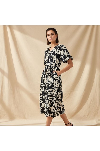 Midi Floral Print Women Dress with Balloon Sleeves