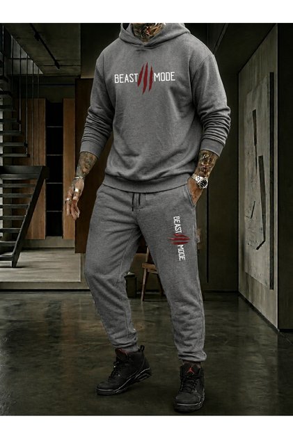 Unisex Beast Mode Printed Hooded Sweatshirt Tracksuit Set