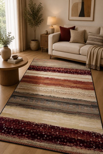 Ruby Lines Bordo Çizgili Dijital Baskı Kaymaz Taban Salon Halısı Mutfak Yolluk Antre Halısı