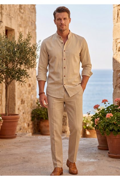 Beige Flared Linen Hakim Collar Breathable Shirt Elastic Waist 3 Pockets Comfortable Seasonal Trousers Set of 2