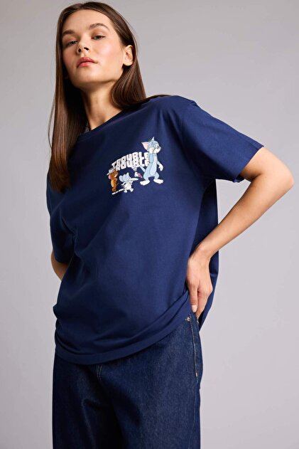 Defacto %100 Pamuk Tom & Jerry Oversıze Bisiklet Yaka Sırt Baskılı