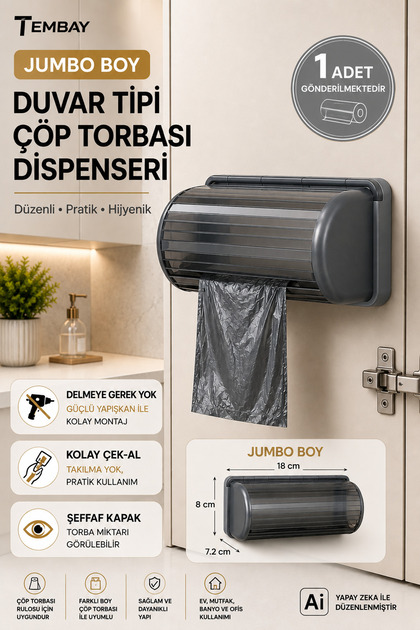 Çöp Poşeti Haznesi Yapışkanlı Duvara Monte Rulo Poşet Aparatı 18 cm
