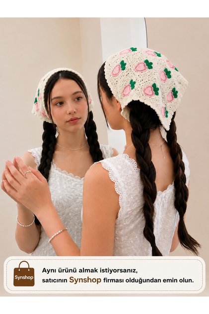 Peach Pink Cream Knitted Triangle Bandana Alaçatı Hair Band Women Teen Girls Children Summer Bohemian Vintage Korean Style