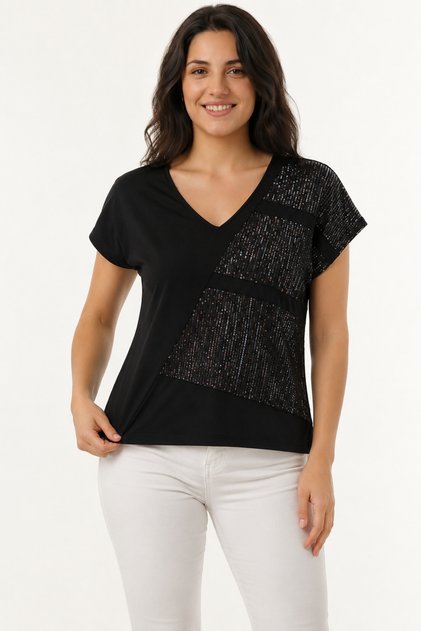 Women's Black Sequin Blocky Short Sleeve Blouse