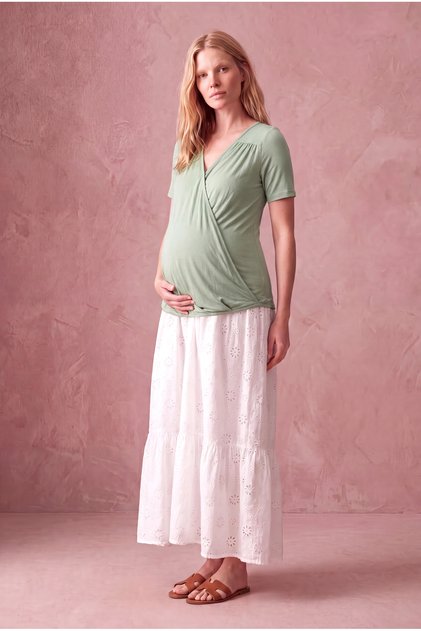 Maternity Light Green Viscose Double Breasted V-Neck Short Sleeve Gathered Blouse with Breastfeeding Feature Simonne