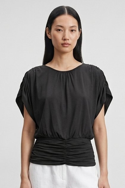 Terto Ultra Light Soft Textured Waist-Hugging Gathered Hem with Drop Buttons Stylish Top & Women's Blouse - Black