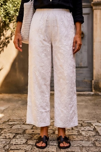 Beyaz Astarlı Brodeli Lastikli Bel Casual Organze Kumaş Dokuma Pantolon 103 65