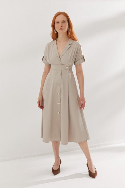 Button Detailed Dress Beige