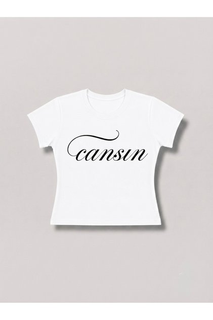 "Cansın" Written Women's Crop T-Shirt - Printed Black Baby Tee