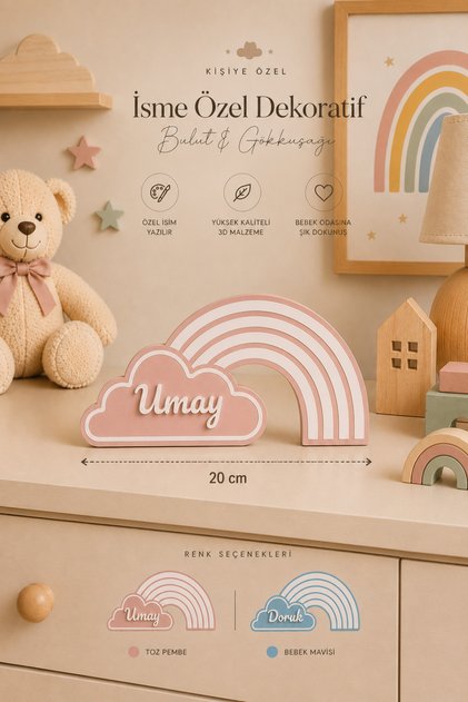 Kişiye Özel Gökkuşağı Bulut Plastik İsimlik | 3D Bebek Odası Raf & Şifonyer Dekoru