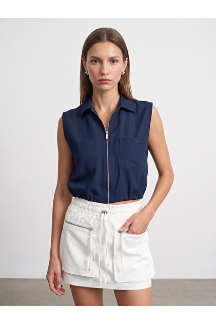 50553 Zippered Sleeveless Shirt-Navy Blue